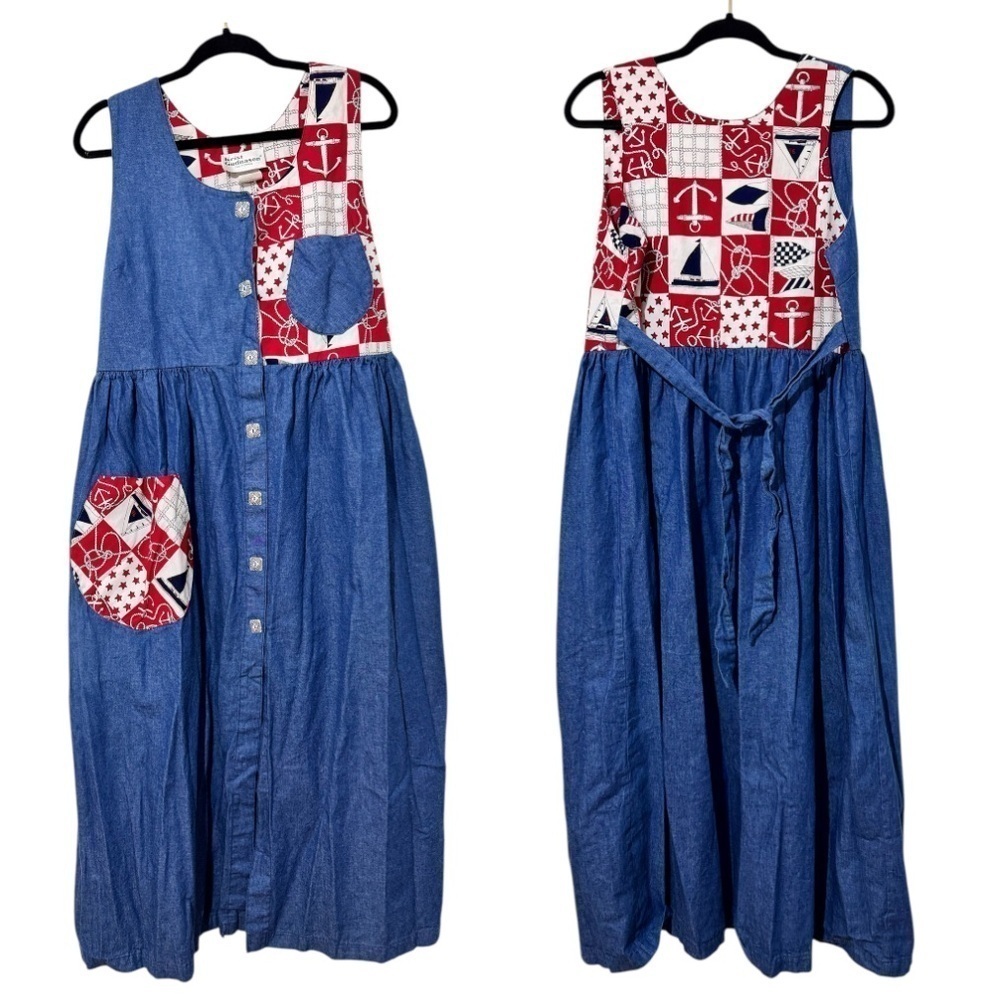 VTG 70s Krist Gudnason Sleeveless Midi Dress Medium Nautical Theme Denim Pockets - Picture 2 of 10